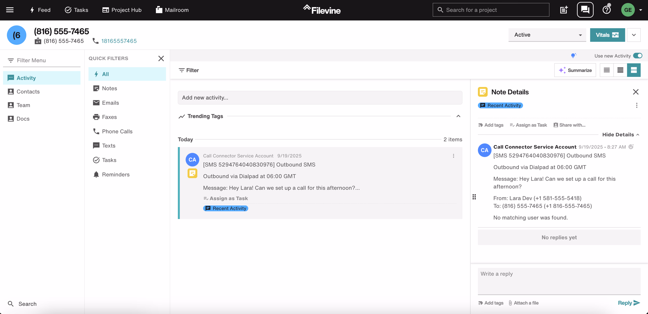 SMS logged as Note in Filevine Project