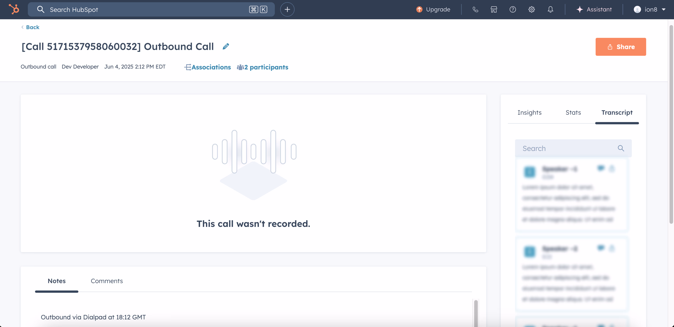 Call logged as Call record in HubSpot