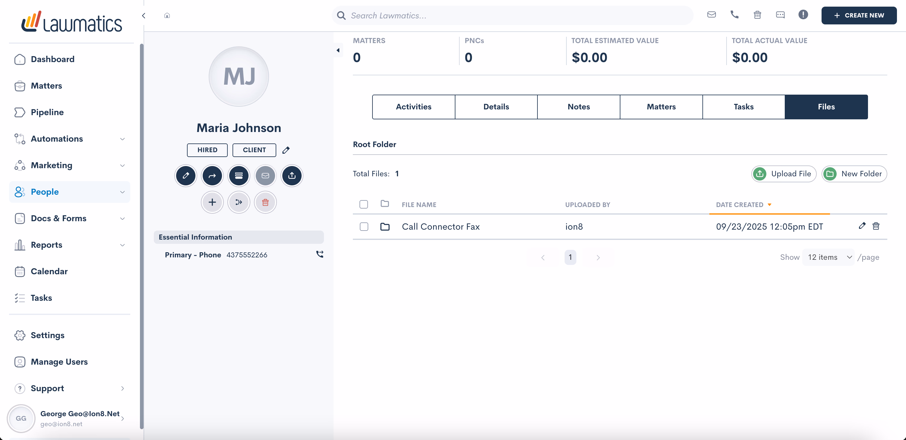Fax logged as File in Lawmatics Contact