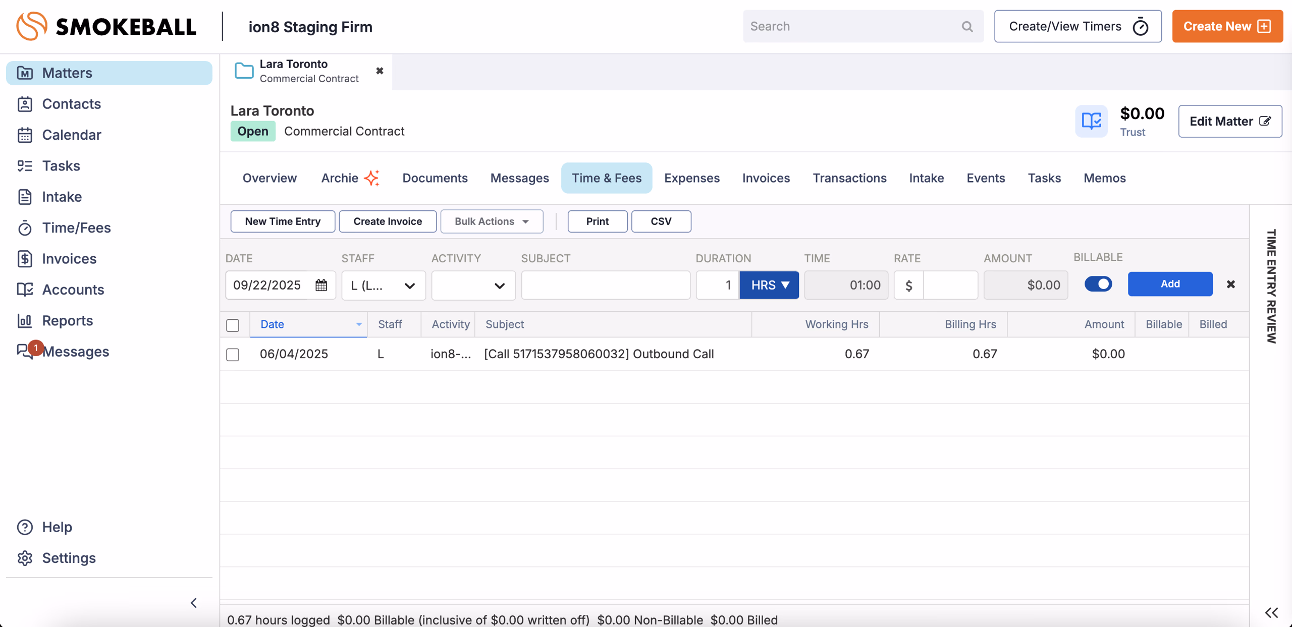 Call logged as Fee in Smokeball Matter
