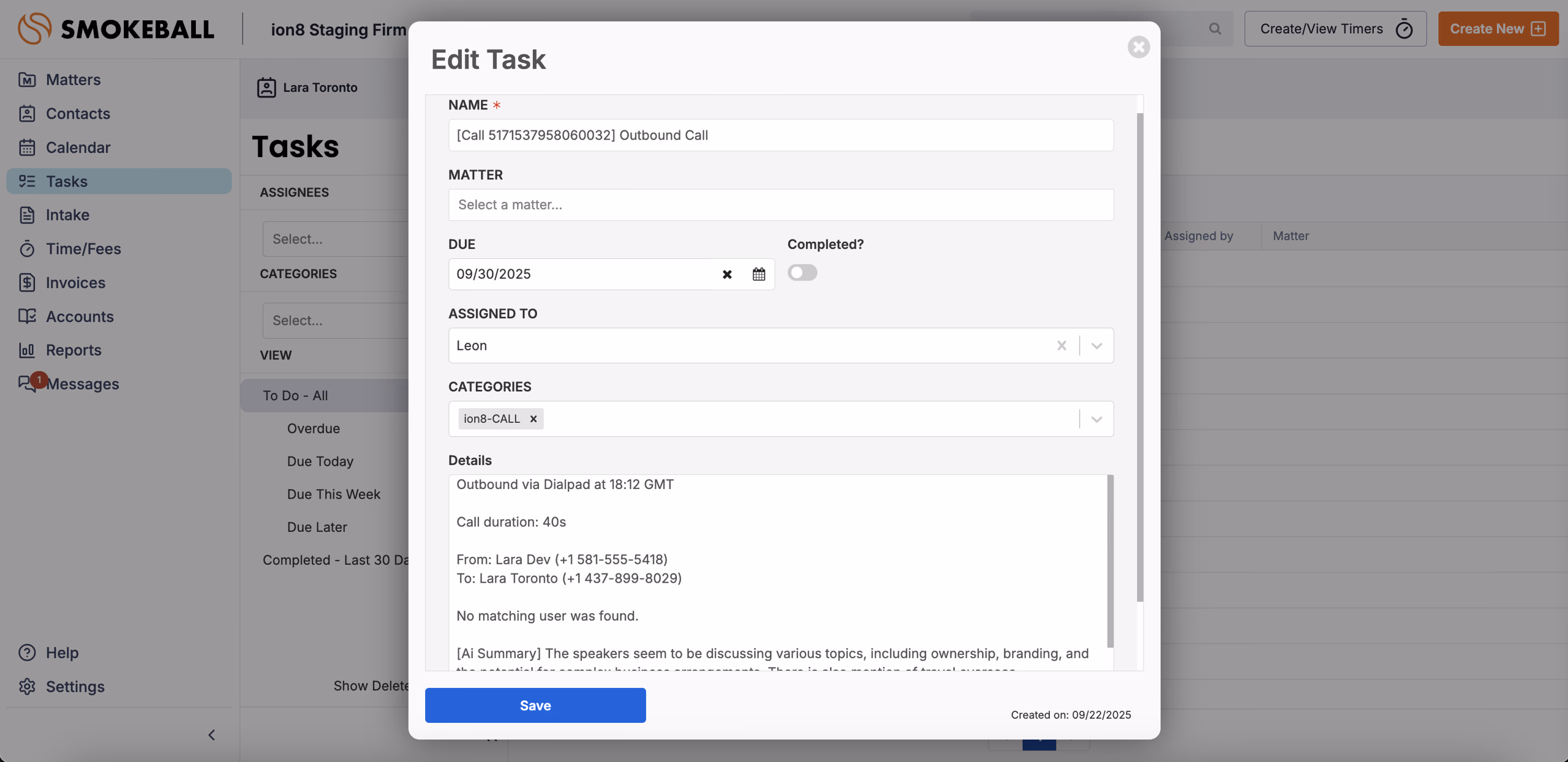 SMS logged as a Smokeball task.