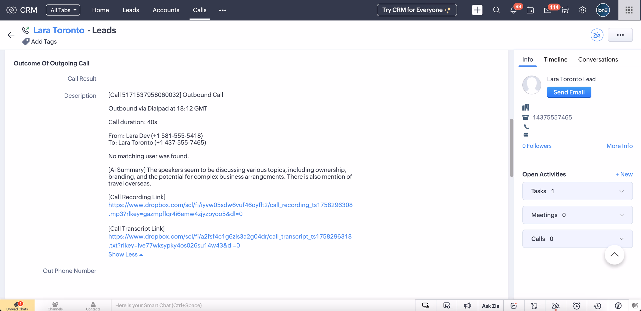 Call logged as Call record in Zoho CRM